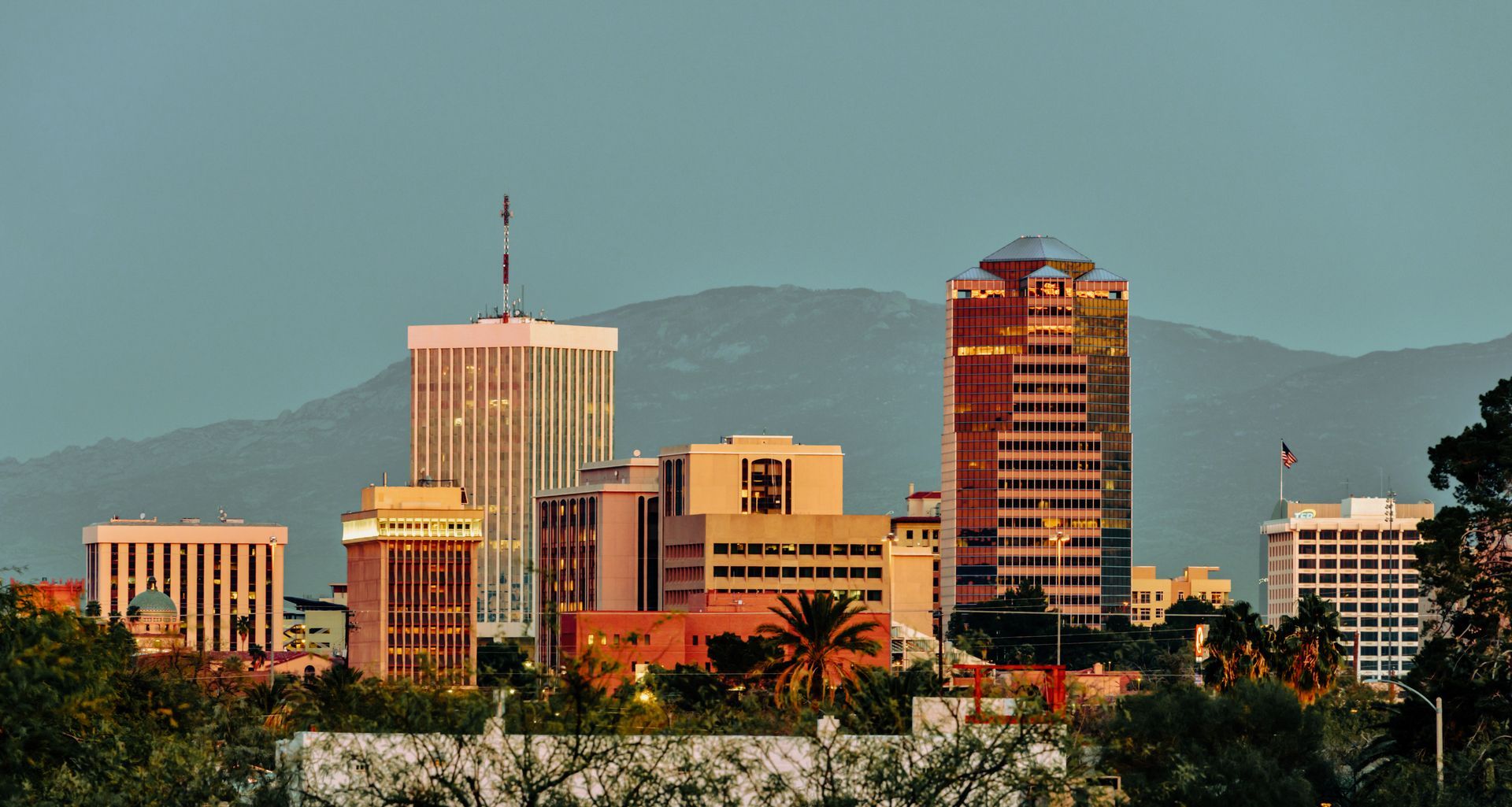 A city skyline with mountains in the background and trees in the foreground