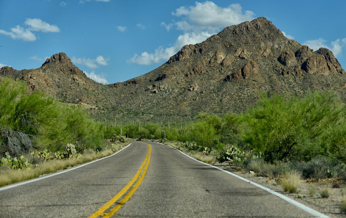 A road in the desert with mountains in the background