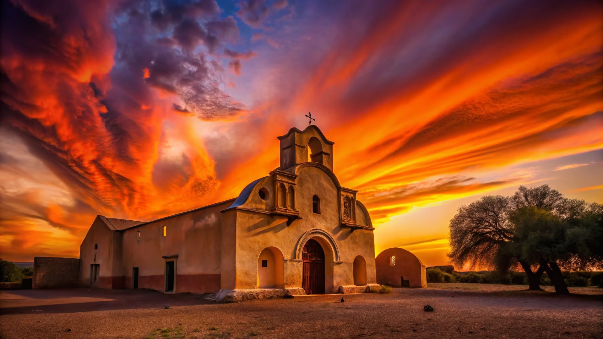 A church with a sunset in the background.
