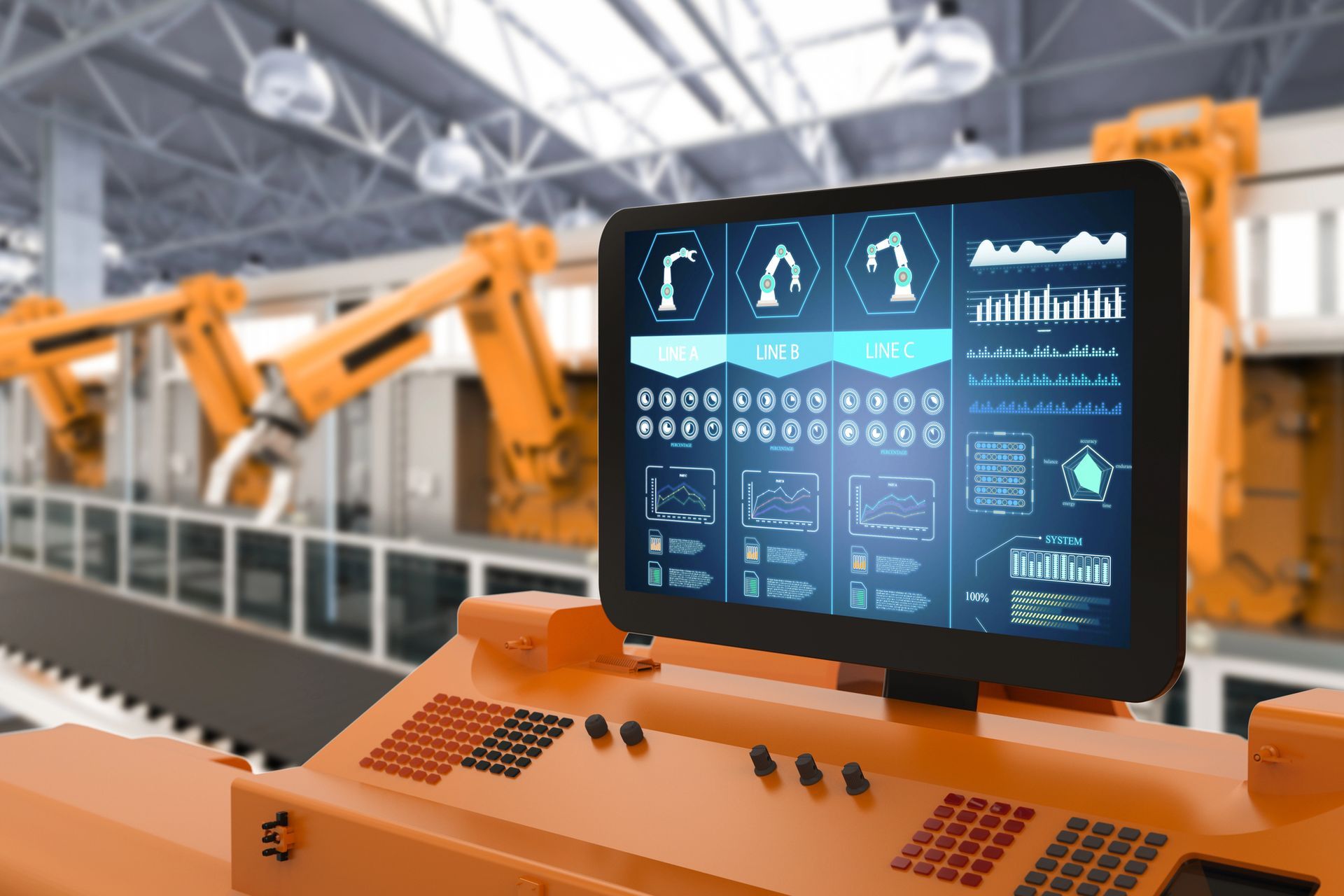 Pannello di controllo arancione con schermo che visualizza i dati, in una configurazione di fabbrica con bracci robotici.