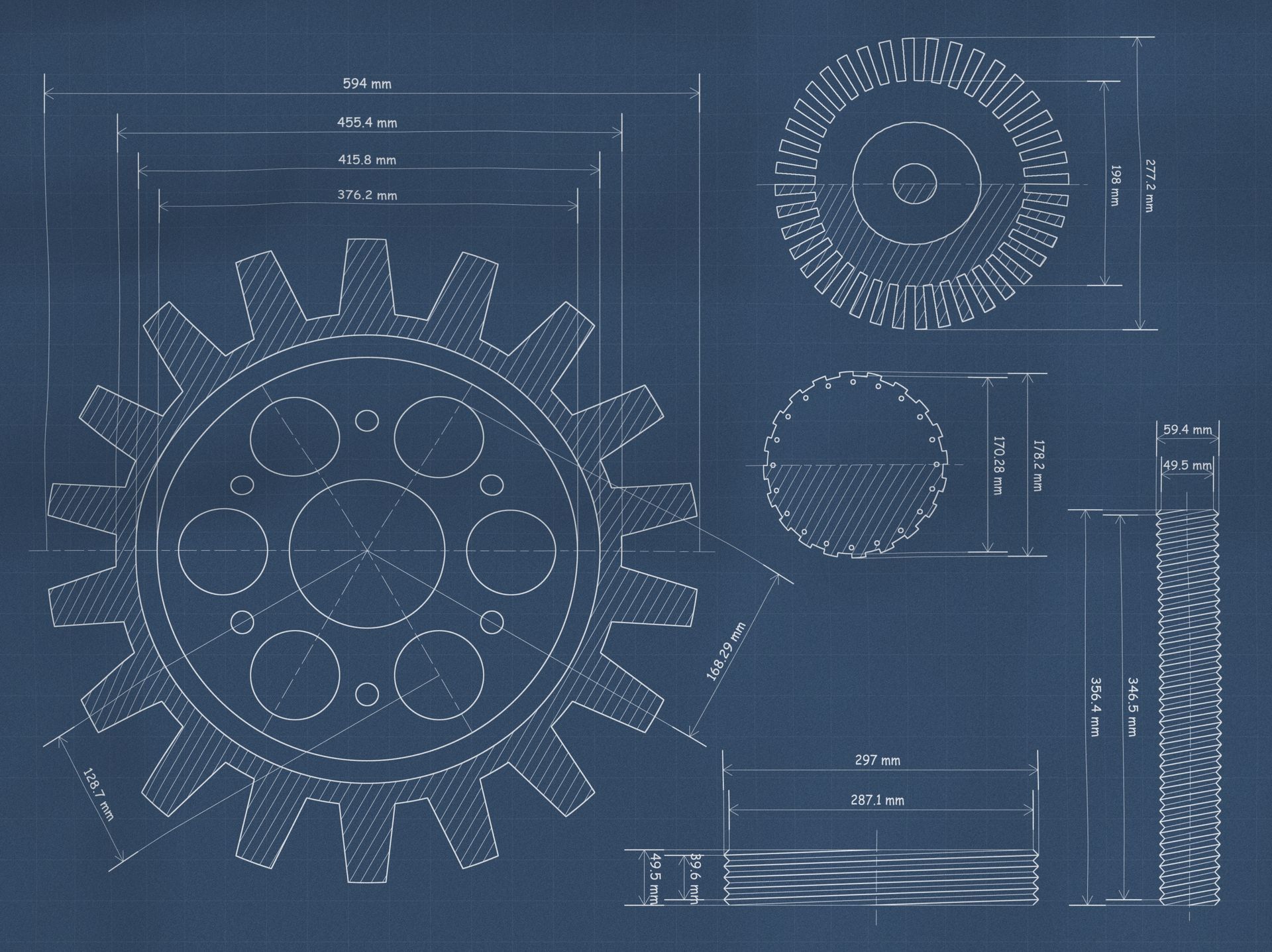 Progetto di un ingranaggio, con viste multiple e dimensioni indicate. Linee bianche su sfondo blu.