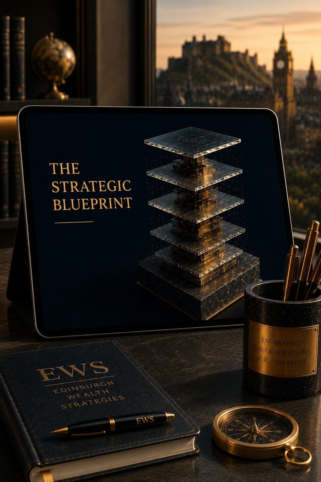 EWS Financial Advisers mobile hero image showing a strategic wealth planning blueprint on a tablet with Edinburgh skyline in the background