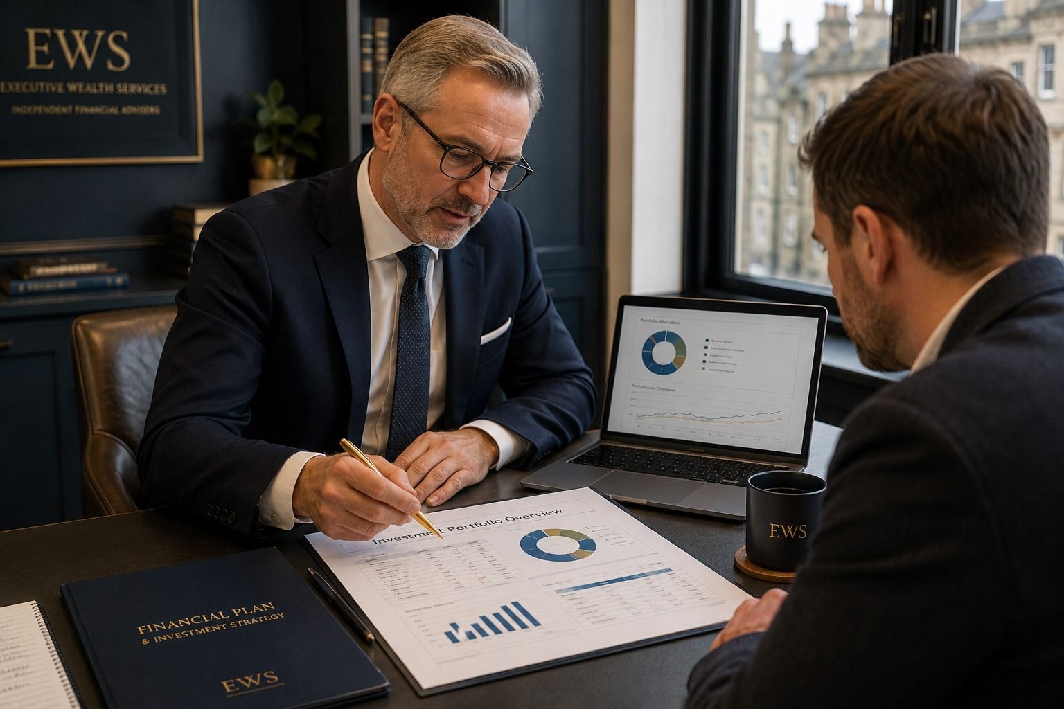 Chartered financial planner reviewing active and passive investment options for a client portfolio