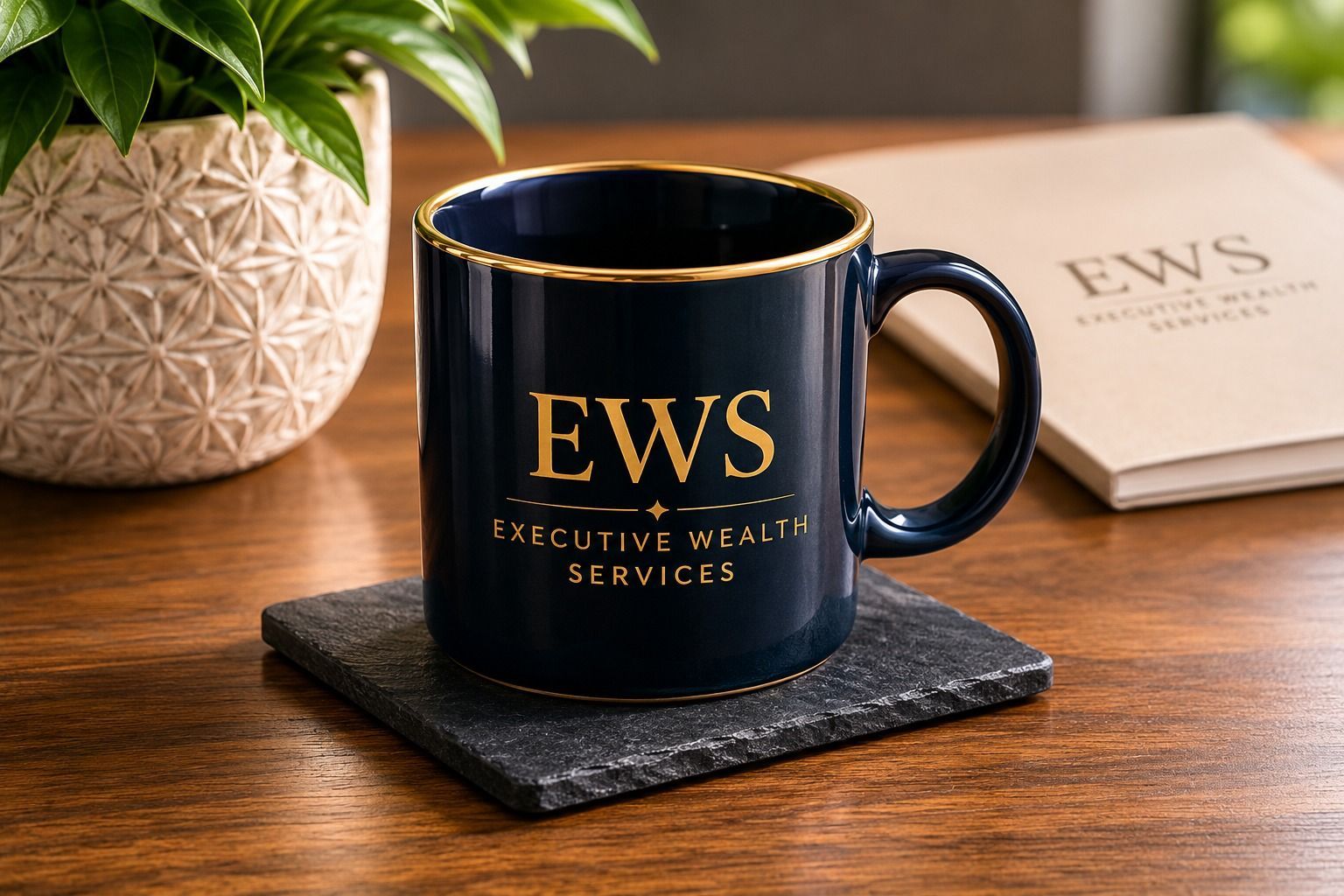 Executive Wealth Services Protection Advice Executive Wealth Services protection advice desk with branded mug and financial planning materials
