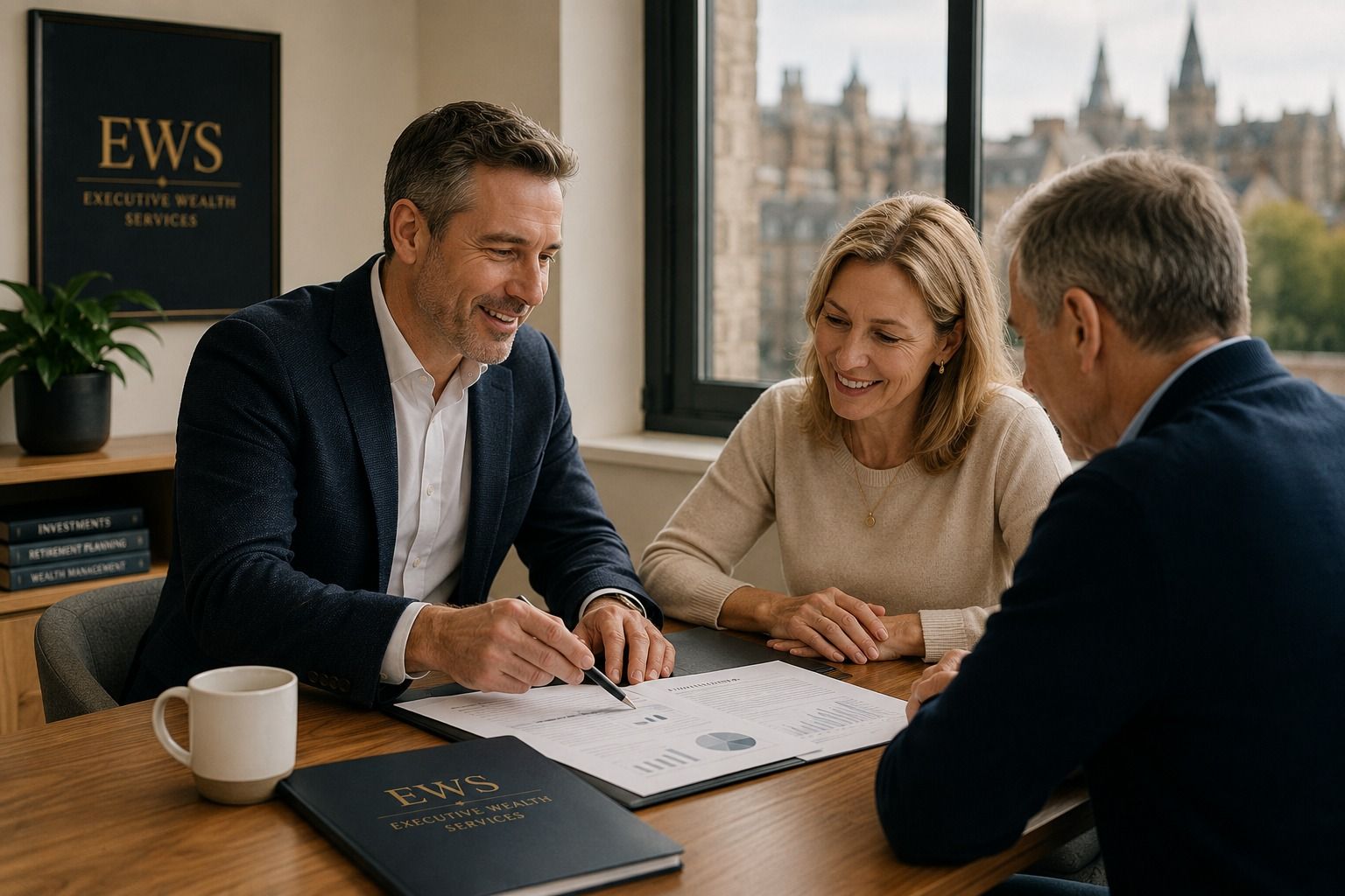 EWS Client Testimonials Financial Advice Client meeting with a financial adviser reviewing pension and investment planning documents