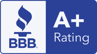 BBB logo with a blue and white flame icon, showing an A+ rating.