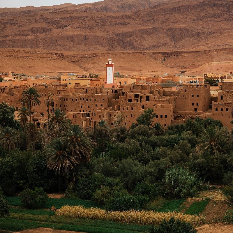 A desert village with a clock tower in the middle
