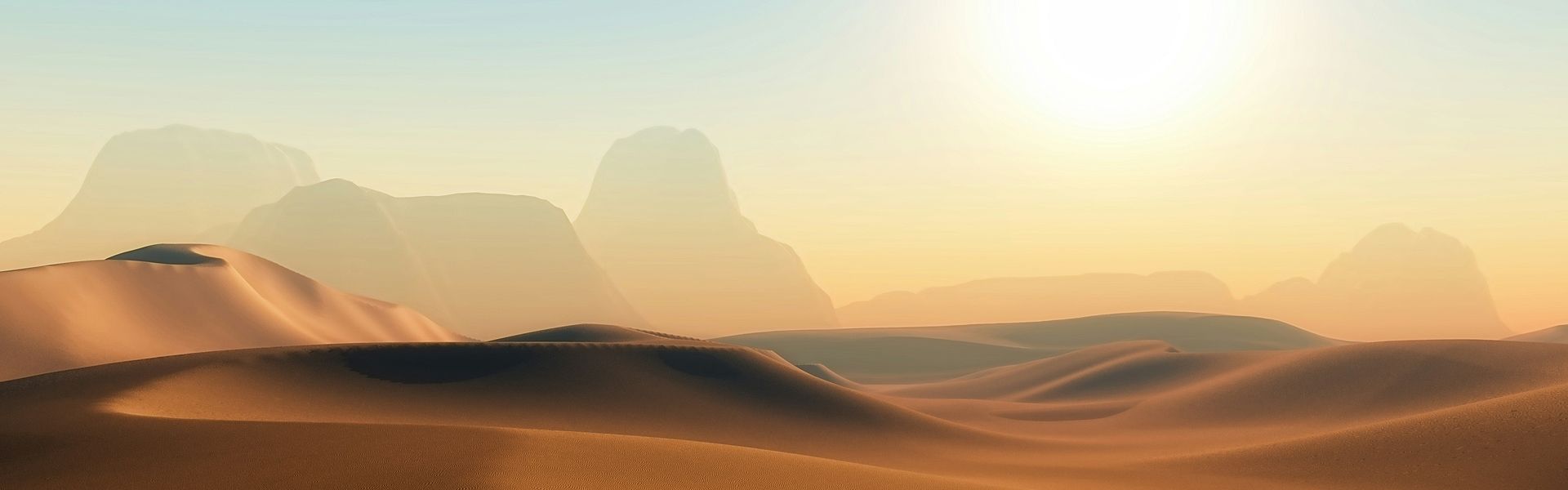 A computer generated image of a desert landscape with mountains in the background.