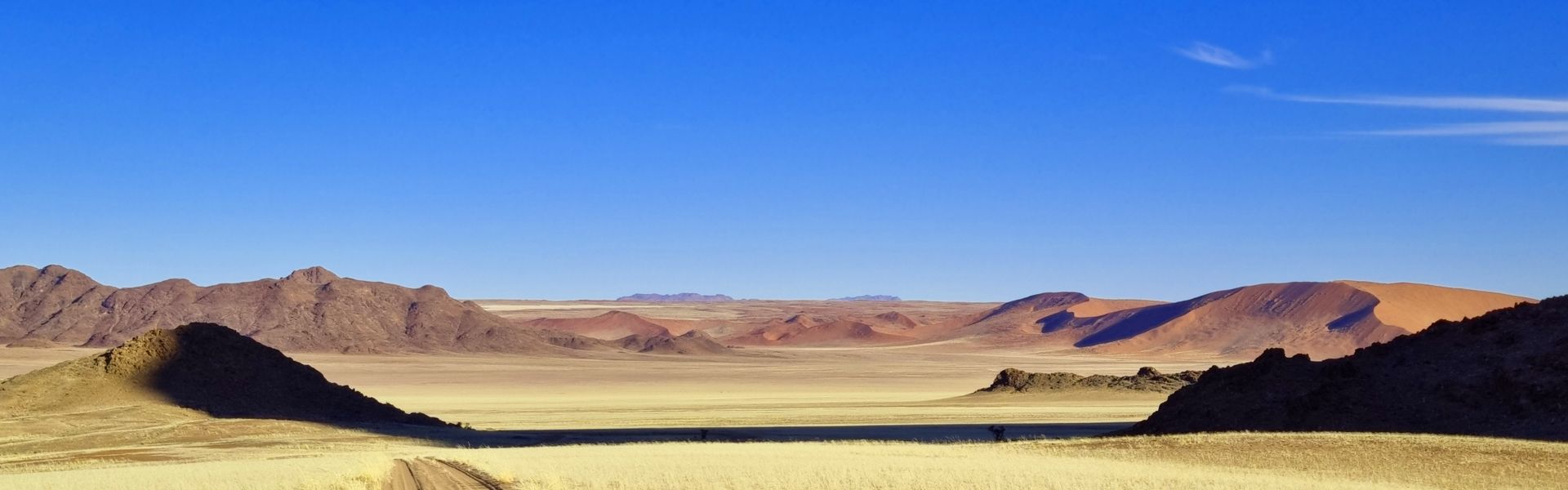 A desert landscape with mountains in the background and a blue sky