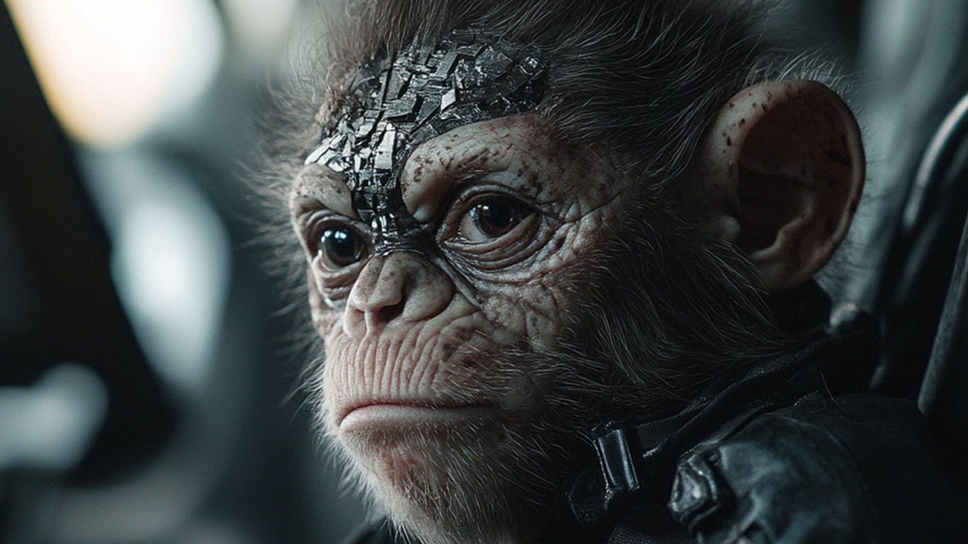 Ape Boy Wired: The synthetic soul of the project. 100% AI. 100% AI-generated portrait of a young chimpanzee with cybernetic forehead implants in a dark cinematic setting