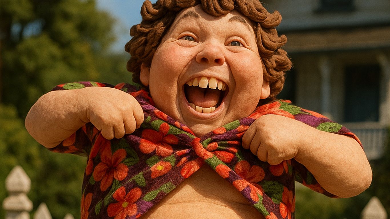 A cozy, clay-sculpted memory of 80s cinema. Pure digital clay. AI claymation art of Chunk from The Goonies doing the Truffle Shuffle with realistic plasticine textures