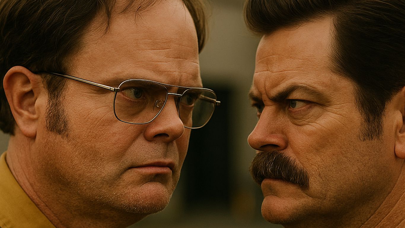 The ultimate workplace standoff, architected entirely by AI. AI-generated cinematic close-up of Dwight Schrute and Ron Swanson in a high-tension face-off with warm tones