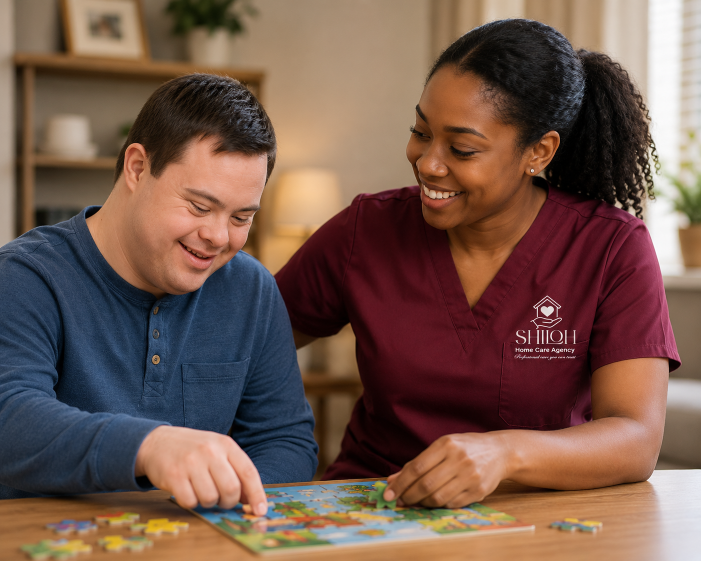 Client with Developmental Disabilities. Caregiver helping with puzzle