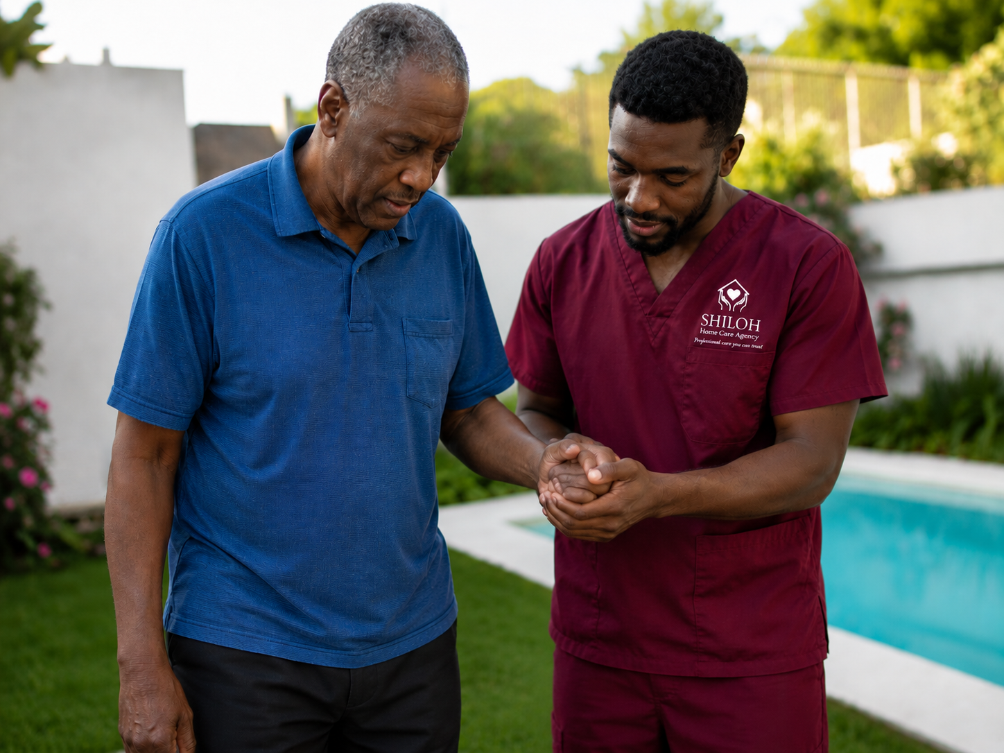 Two men walking by a pool, one supporting the other with a hand on his arm.