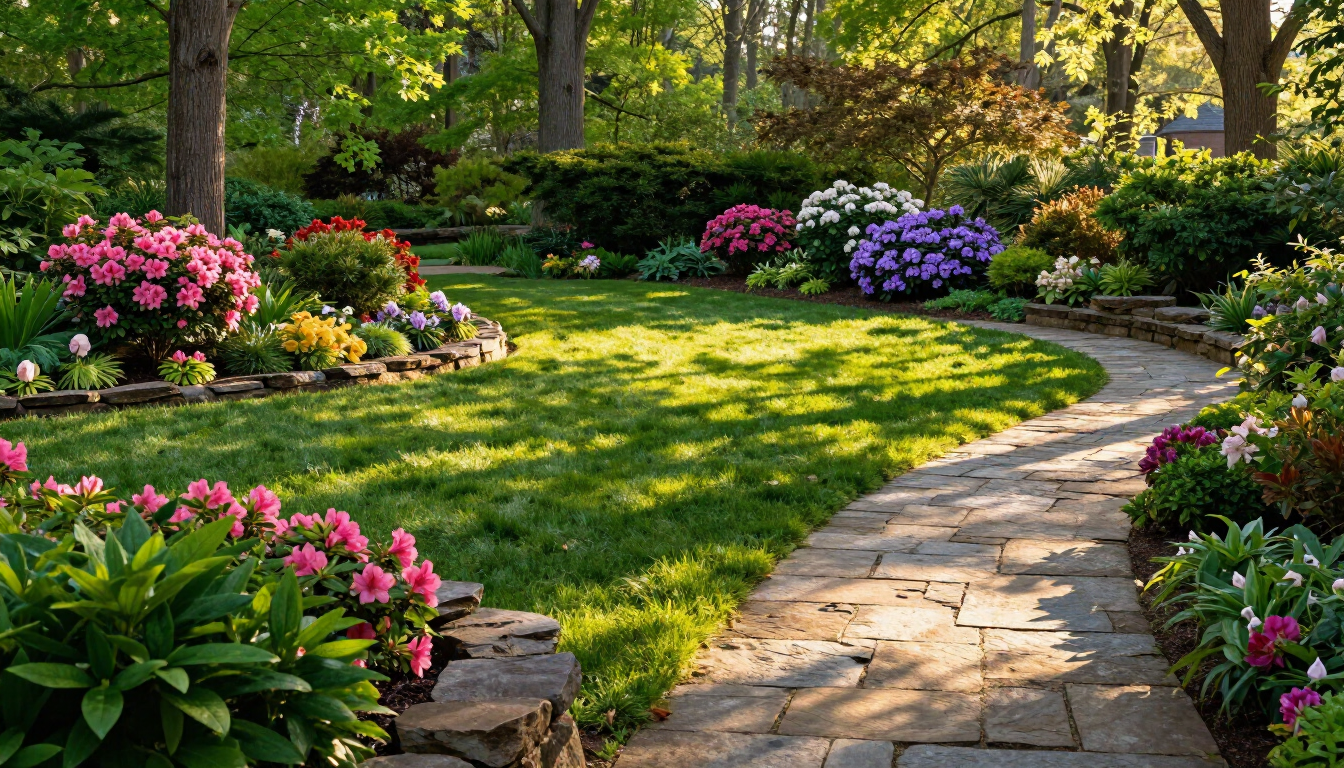 Professionally landscaped yard in Southern Maryland featuring vibrant flowers and a manicured lawn.