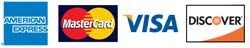 Logos for american express mastercard visa and discover are shown