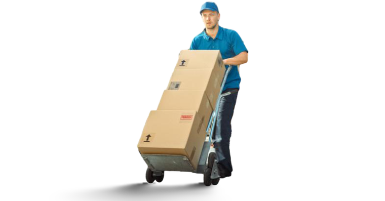 Courier Driver with boxes on a handtruck