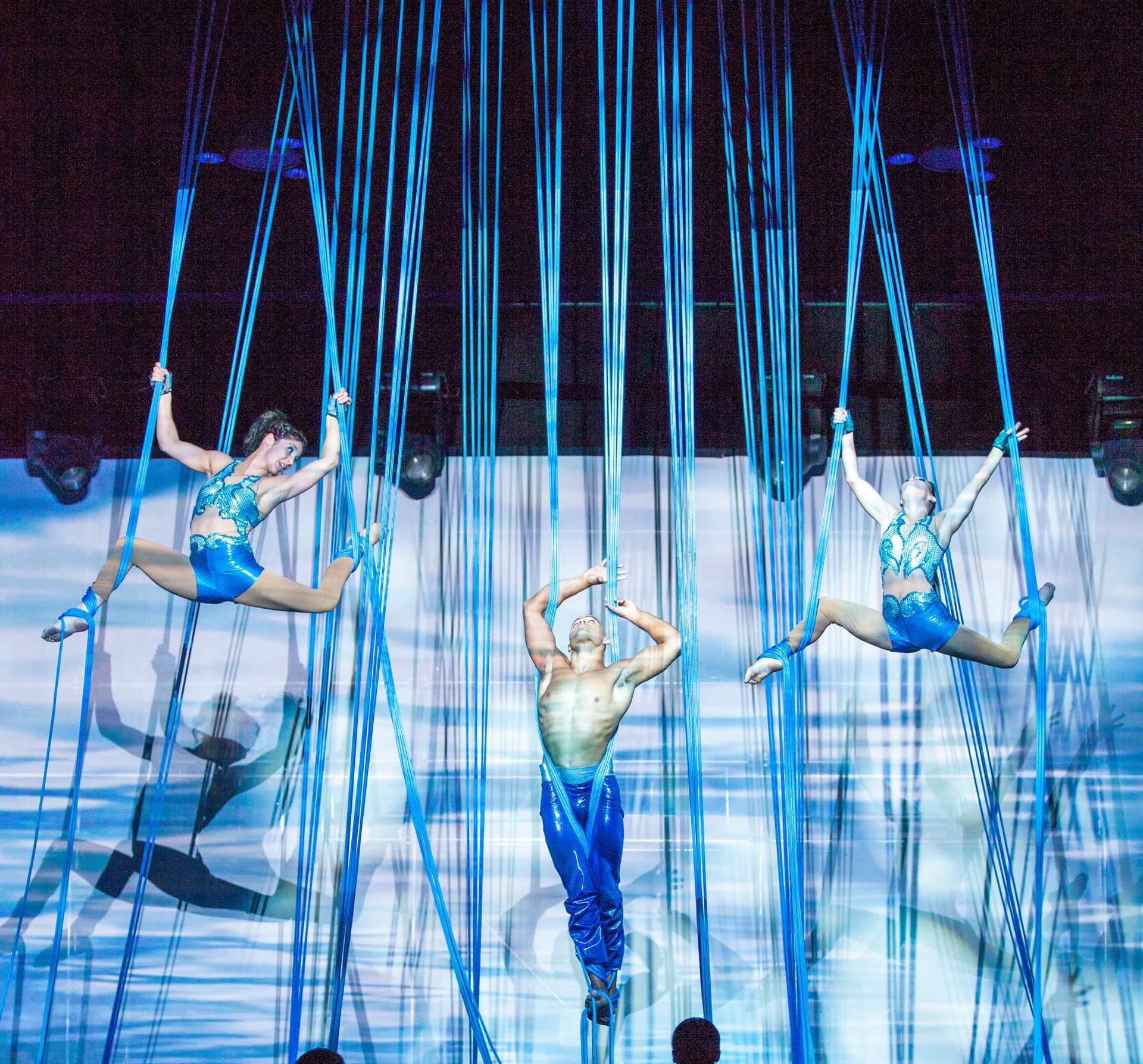 A group of aerial performers are hanging from blue ropes
