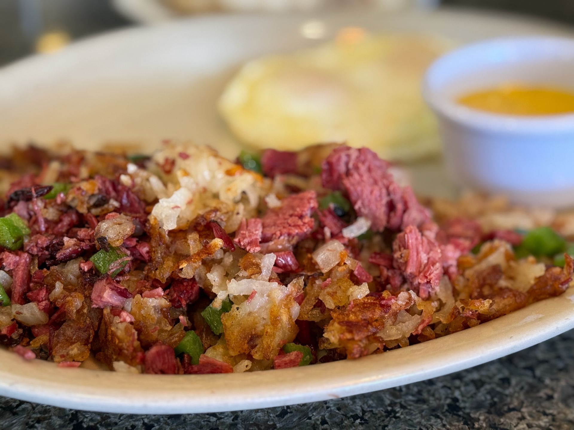 A close up of a plate of food on a table.