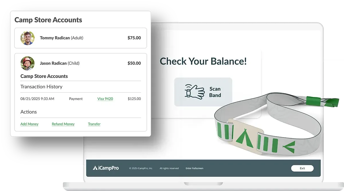 Laptop screen showing balance check, with a wristband and account information.