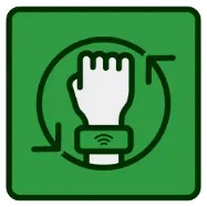 Green square icon with a white fist wearing a smart wristband, circled by arrows.