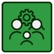 Group of people with gear icon, green background.