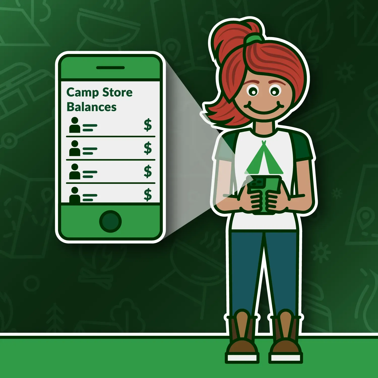 Woman holding phone displaying a gear/circuitry icon.