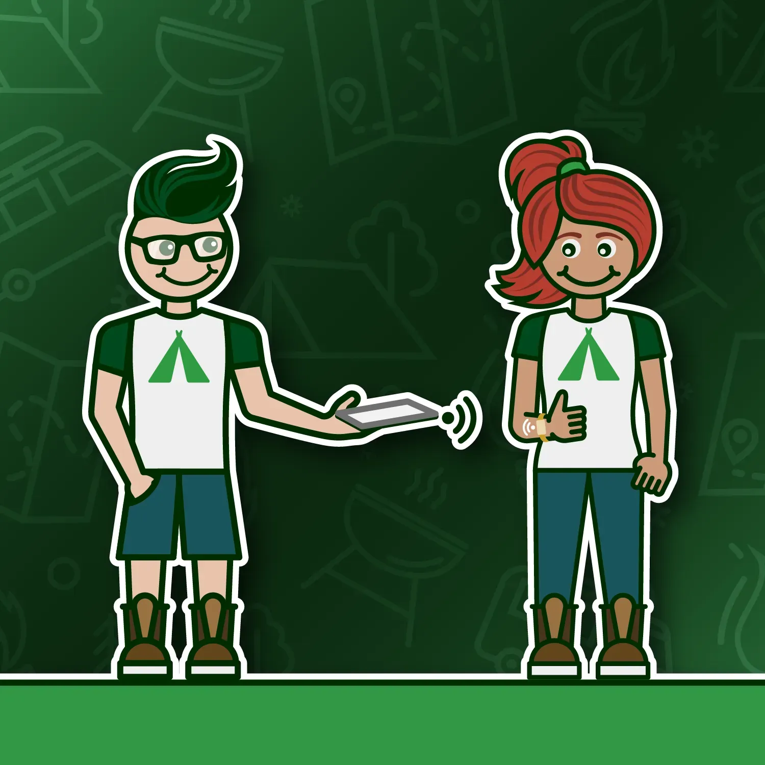 A cartoon of a man selling camp youth shirts