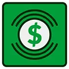 A green square with a white tag with a percent sign on it.