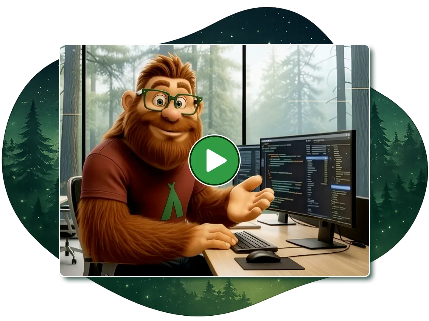 A hand is pressing a play button on a computer screen surrounded by icons.