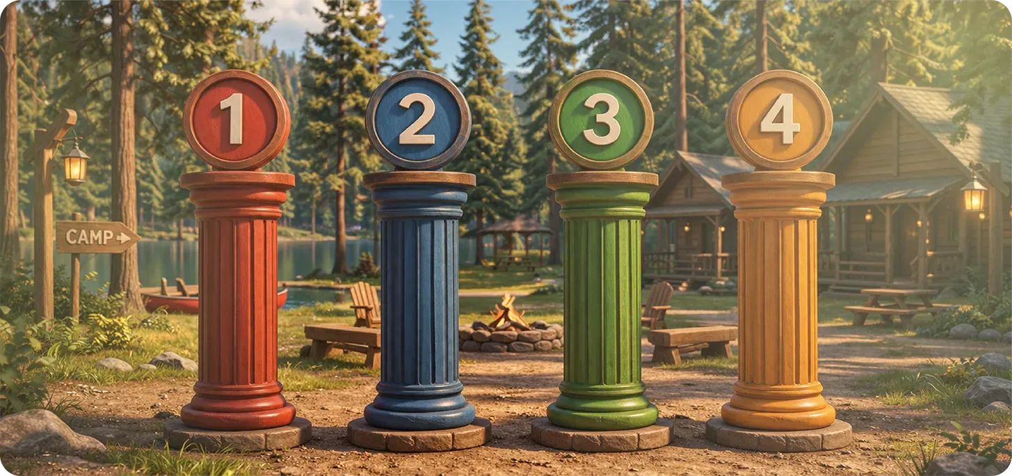4 numbered pillars in  a camp setting