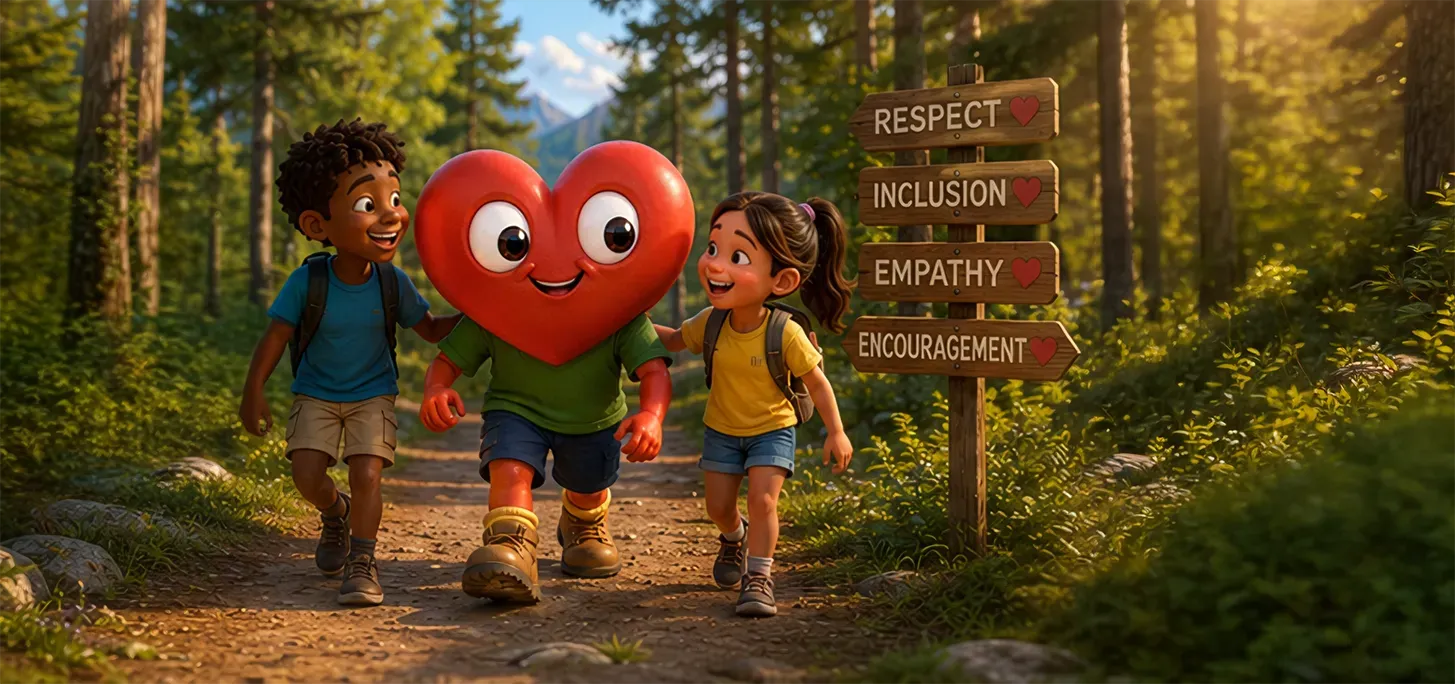Camp Kindness - Friendly heart character walking on wooded path with two young campers.