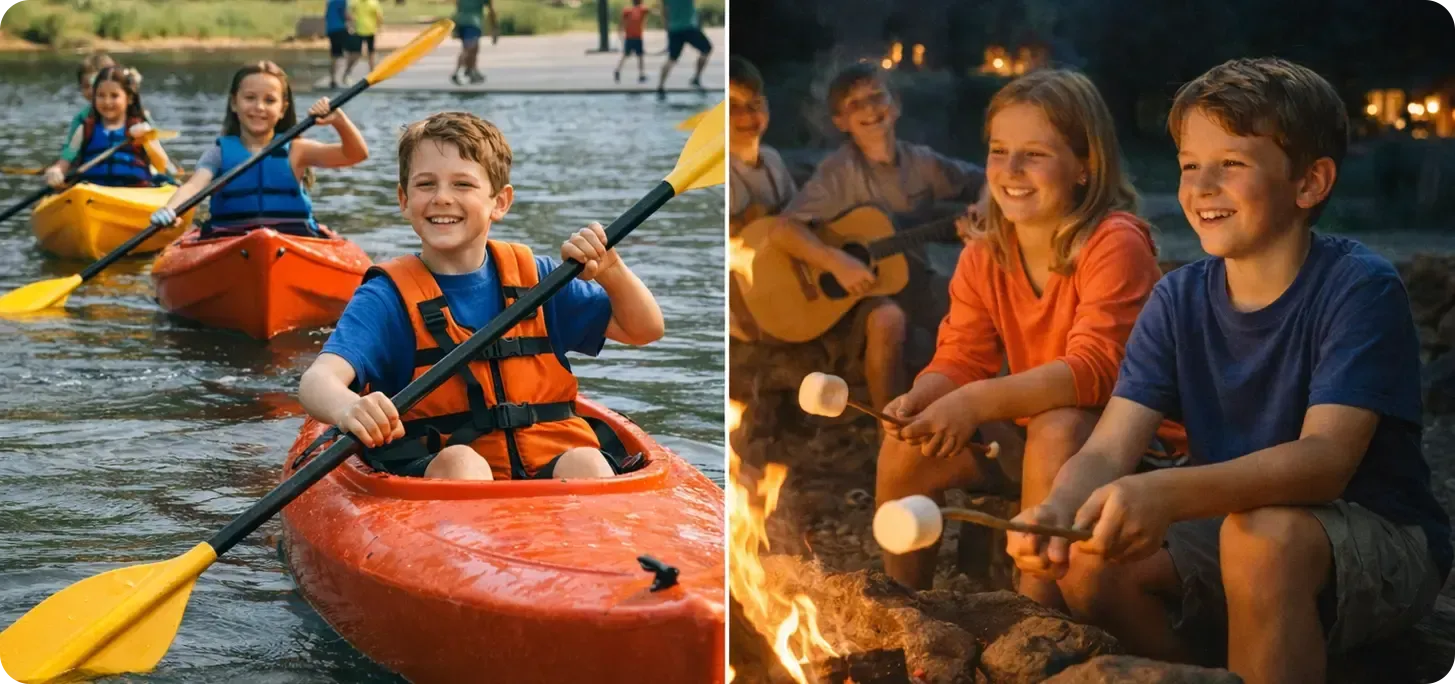 50/50 split image of day camp activities (left) and night time camp activities (right).