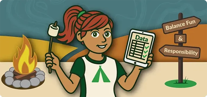 Illustrated image of a camp staff member reviewing data on an iPad while having fun. Text: Balancing fun and responsibility.