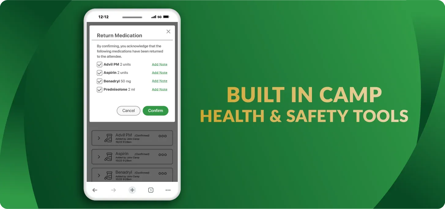 Image of iCampPro camper medication workflow with text: Built In Camp Health & Safety Tools