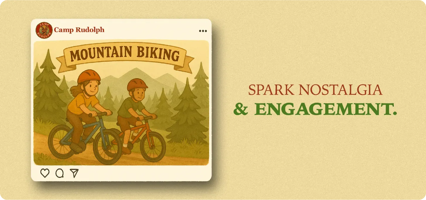 Promotional illustration of camp activities at Camp Rudolph. Text: 