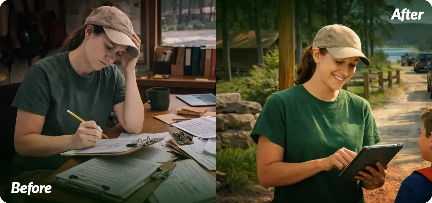 Image of camp staff member before - using paper lists vs after - using mobile attendance.