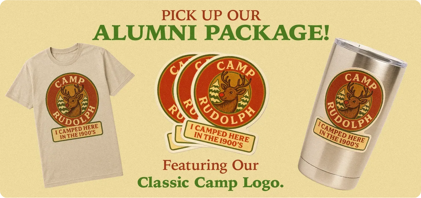 Image of an example of a camp alumni swag package including a tshirt, stickers, and tumbler that say 