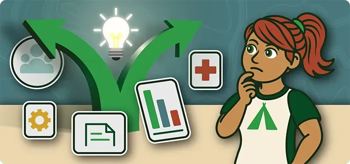 Illustrated image of camp team staff thinking and making decisions.