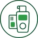 Green icon of a pump bottle and a small box, inside a green circle.