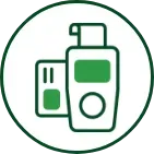 Green icon of a pump bottle and a small box, inside a green circle.