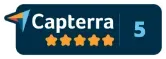 Capterra logo with five orange stars and the number 5.