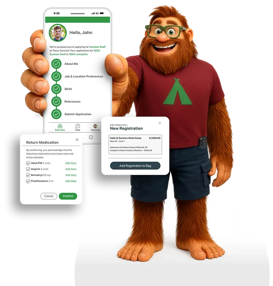 Mobile app interface: new registration, return medications, and configure/add items; green and white.