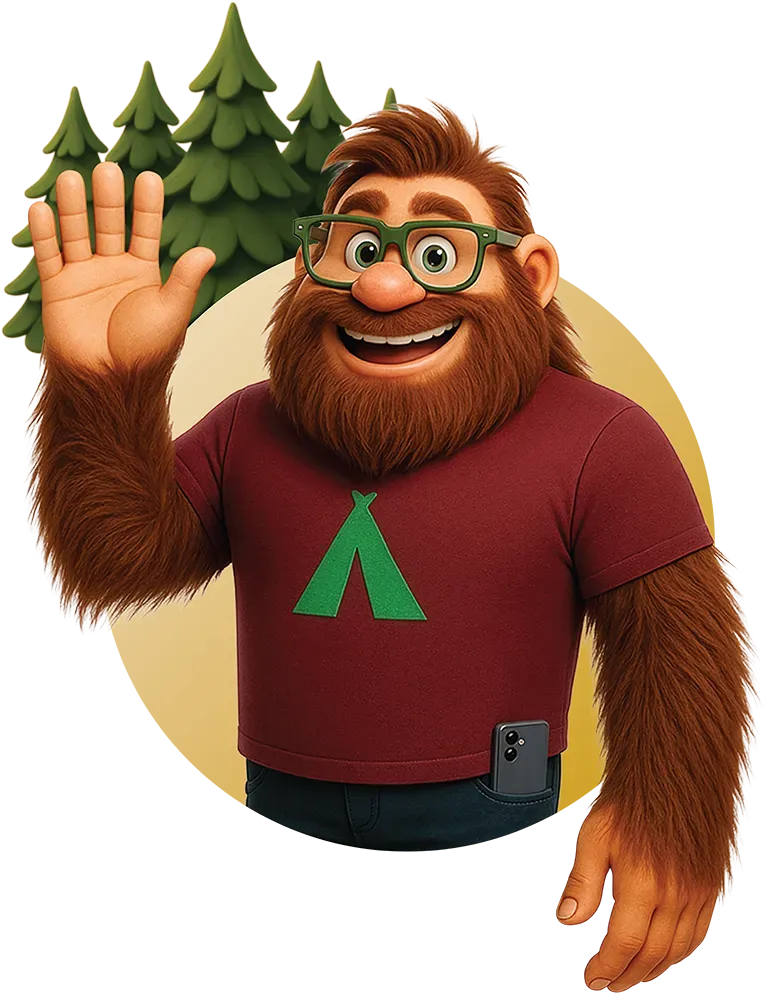 A friendly, furry creature with glasses and a tent-logo shirt waving in front of a forest background.