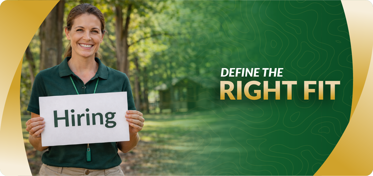 Image of camp leader holding hiring sign. Text: Define the Right Fit