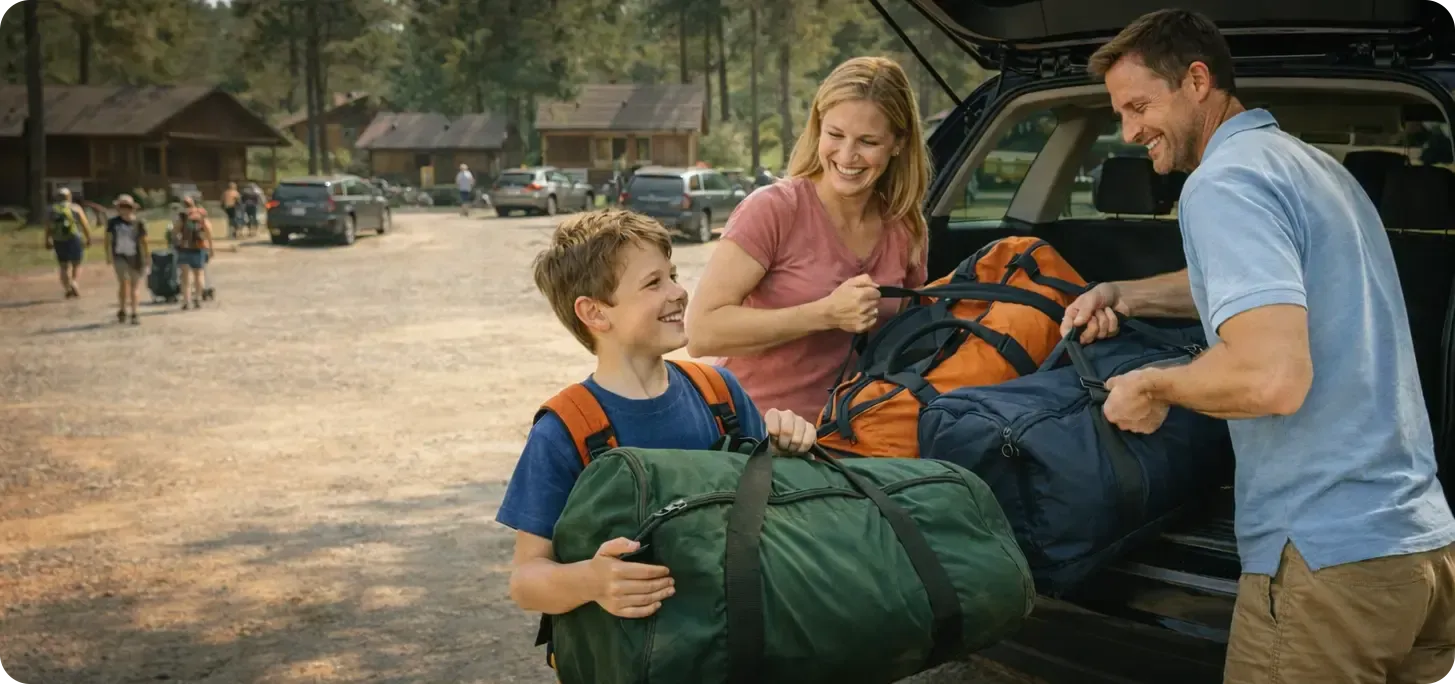 Image of happy family unloading their car at camp during camper drop-off.