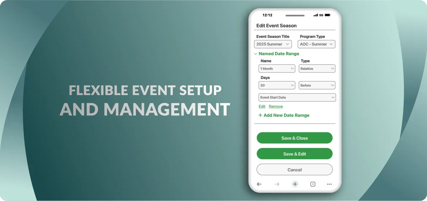 Image of iCampPro Event Season setup on a phone with text: Flexible event setup and management.