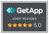 GetApp user reviews: five gold stars, 5.0 rating, gray and white design.
