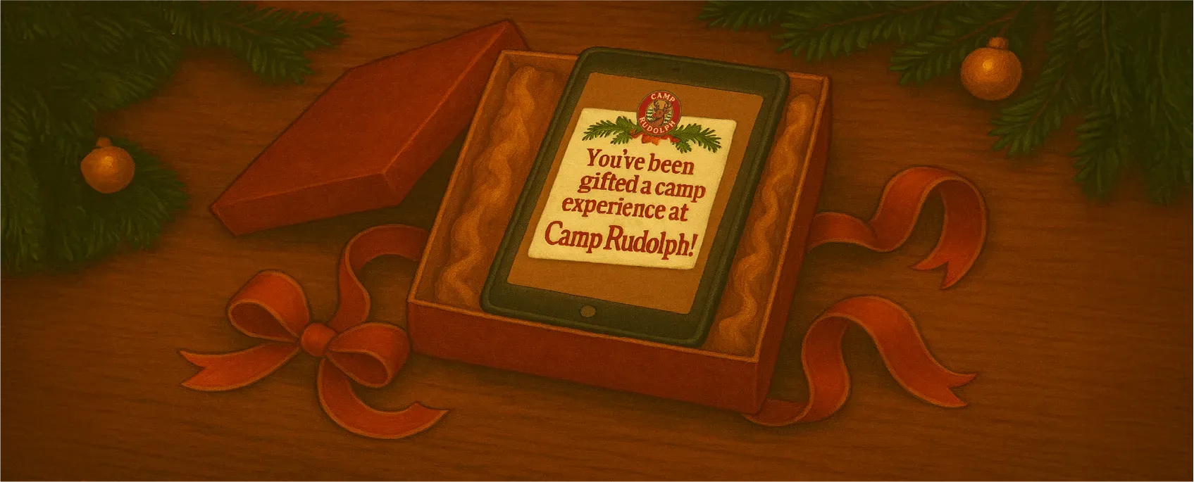 Illustration of an unwrapped gift with a tablet inside and an e-certificate showing on the screen for a camp registration.