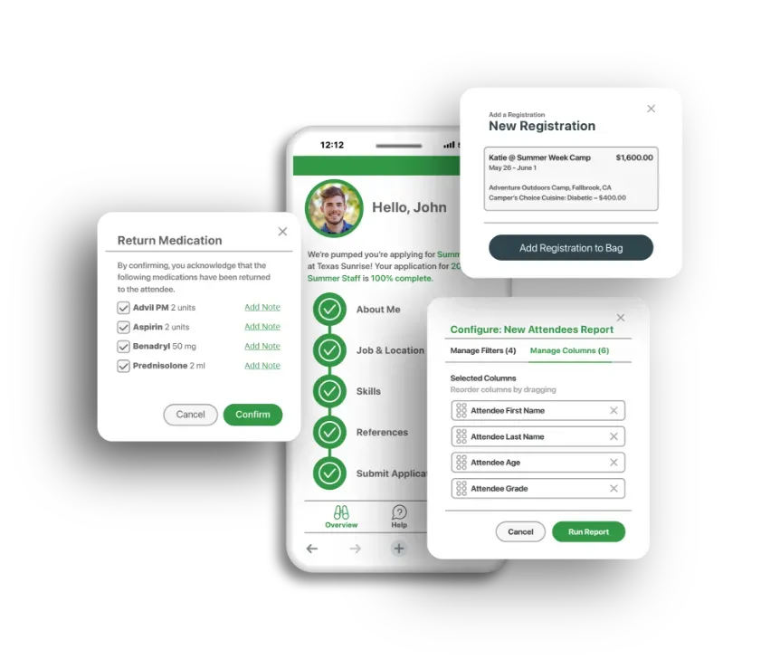 Mobile app interface: new registration, return medications, and configure/add items; green and white.
